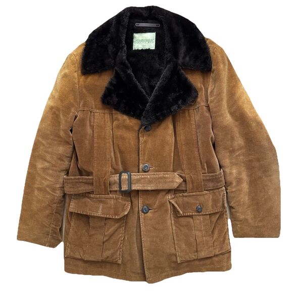 Vintage 70s Van Heusen Corduroy Jacket Faux Fur Lined Belted Brown Coat 44 L
